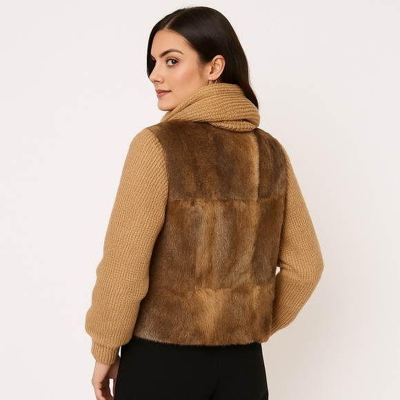 1980s Vintage Niki Rabbit Fur Knit Jacket Scarf Pom Pom Small - Picture 2 of 12